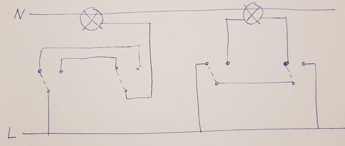 Handritad elektrisk kretsdiagram med två olika trappkopplingar för belysning.