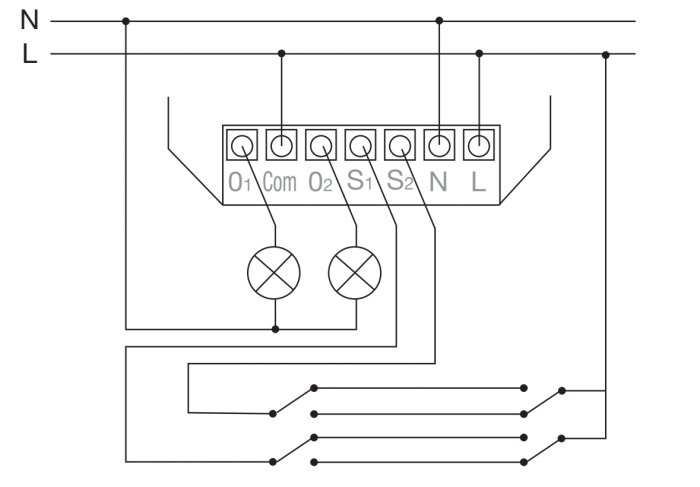 Schematisk illustration av trappkopplingar med två strömbrytare och en elektrisk anslutningspunkt.