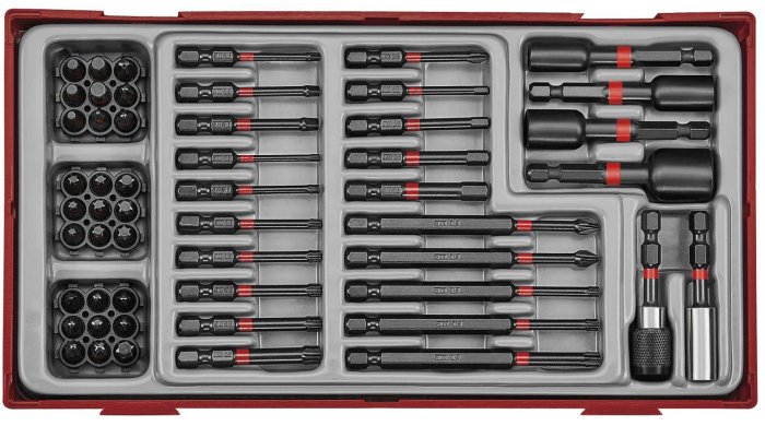 Översikt av Teng Tools 54-delars impact-bitssats i öppen låda inkluderar 30mm och 50mm bits.