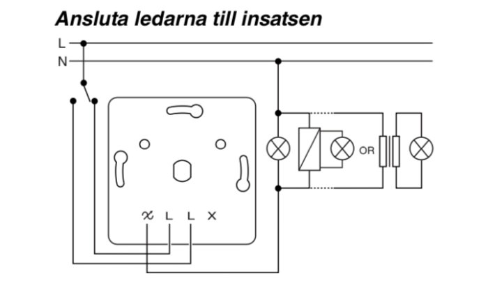 Schema för koppling av trappdimmer med markerade ledningar L och N och anslutning till lampor.