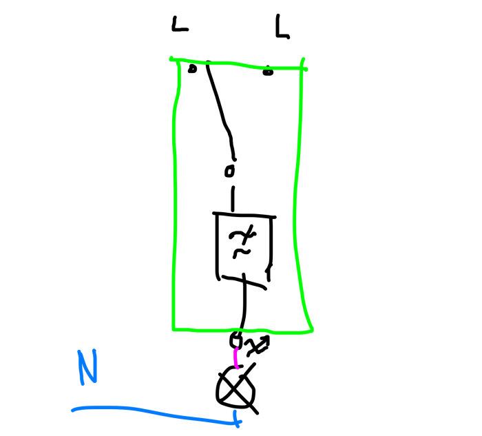 Handritat elschema som visar kopplingen av en trappdimmer mellan strömkälla och lampa.