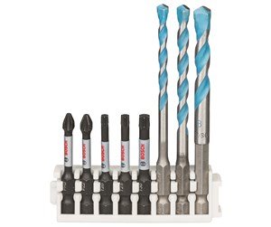 Borr- och bitsset med PH2, PZ2, Torx och multiconstruction-borrar monterade på hållare.