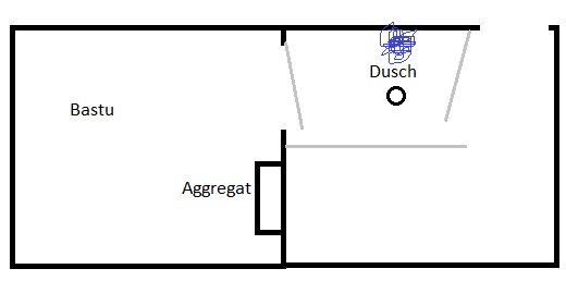 Skiss av badrum med bastu och dusch, markerade zoner och aggregat, för diskussion om renovering och vattenskador.