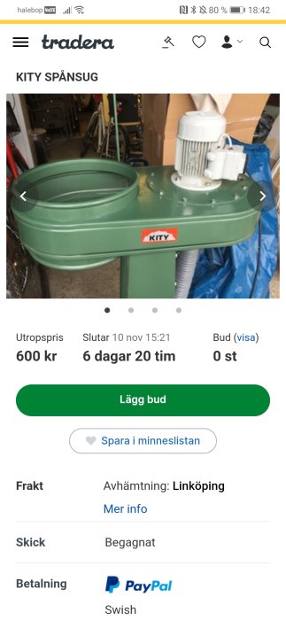 En begagnad grön Kity spånsug maskin till salu på Tradera med utropspris 600 kr.