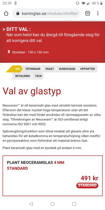 Skärmdump från en webbplats som visar ett pris för plant neoceramglas 150x150 mm och 4 mm tjockt.