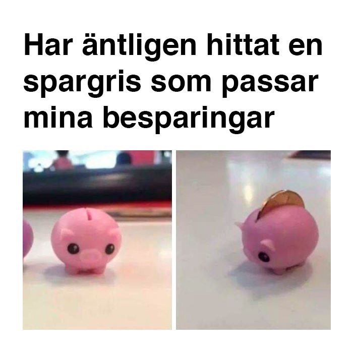 Liten rosa spargris med ett mynt i ryggen på en vit yta, med text om måttfulla besparingar.