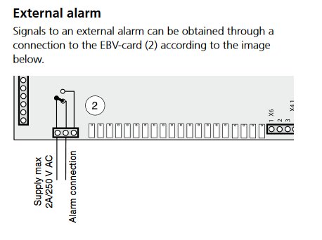Schematisk illustration av hur man ansluter en extern larmkabel till en EBV-kort, visar plintar och anslutningspunkter.