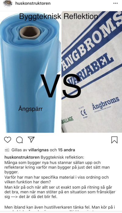 Blå rulle av diffspärr och etikett för ångbroms med texten "Byggteknisk Reflektion VS Ångbroms" och kontrasterande ord "Ångspärr".