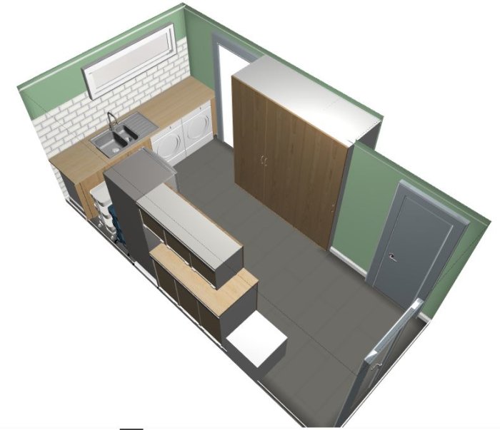 3D-skiss av tvättstuga med kombinerad badrum, bastu, tvättmaskiner och förvaringslösningar.