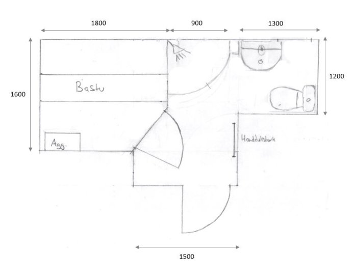 Handritad skiss över en tvättstuga med mått, inkluderar bastu, handfat och toalett.