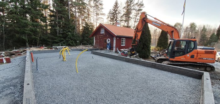 Grundarbete på kuperad tomt med grus och kantbalkar, grävmaskin och röd stuga i bakgrunden.