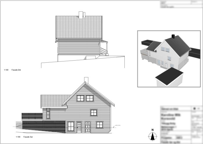 Arkitektoniska ritningar av ett hus med olika fasadvyer och en 3D-modell, skapade i Archicad.