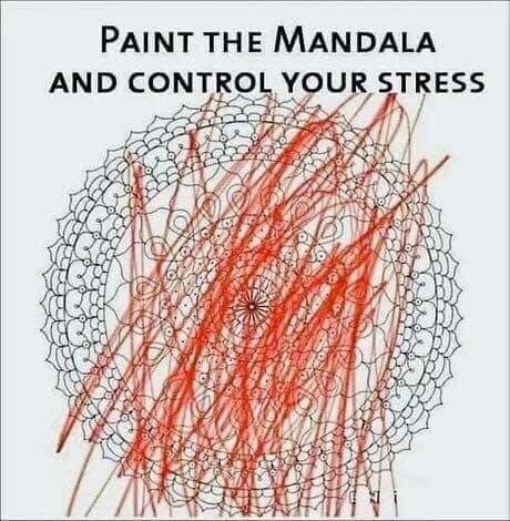 Oritad mandalaillustration med röd klottrig teckning överlagd, text säger 'Paint the Mandala and control your stress'.