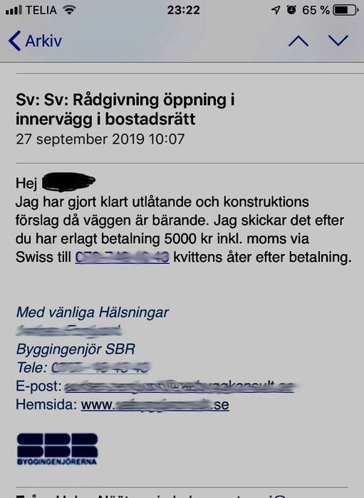 Skärmdump av ett mail från en byggingenjör med svartstreck över känslig information.