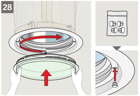 Illustration av hur man monterar ett Velux fönster med steg för insättning av glas och låsning.