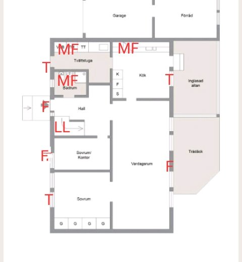 Ritning av en husplan som visar ventilationssystemet med markerade mekaniska fläktar (MF) och friskluftsintag (F) samt värmen från en luft-luft värmepump (LL).