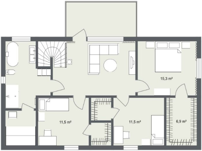 Arkitektritning av en lägenhetsplan med markerade rum och storlekar.