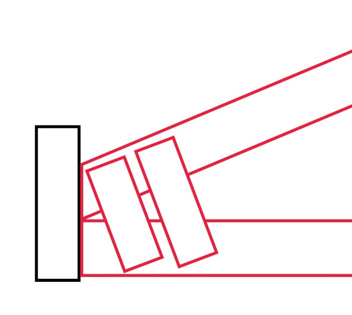 Schematisk illustration av takstolar i rött som är sidofästa i en svart balk.