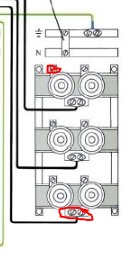 Skiss av diazedcentral med röda markeringar för att illustrera mätpunkter för elektriska tester.