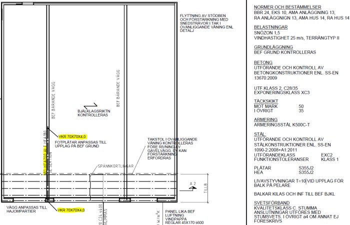 Bygningsplan med bærende væg markeret, viser brug af VKR 70x70x4 søjler og HEA200 bjælke i et husrenoveringsprojekt. Normer og belastninger er angivet.