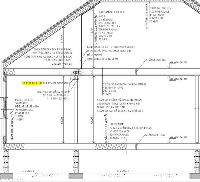 Byggnadsritning för ett 1,5-planshus, visar detaljer för revning av bärande vägg och användning av balkar som HEA200 och VKR pelare.