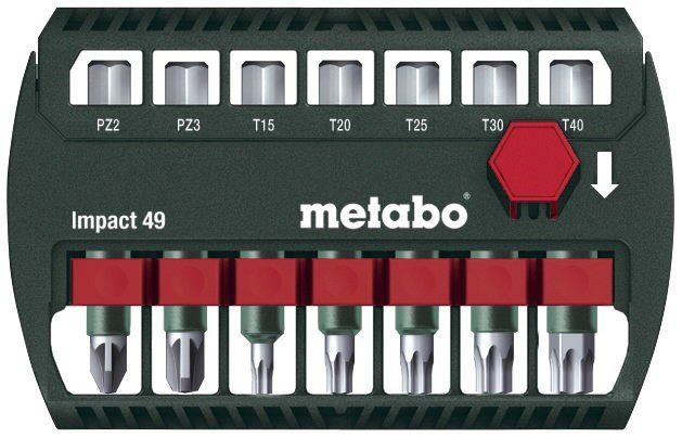 Metabo Impact 49 bitset med olika bits inklusive PZ2, T15-T40, saknad PH, röd och grön förpackning.