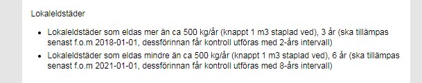 Skärmdump av text som beskriver regler för sotning baserat på mängd vedeldning.