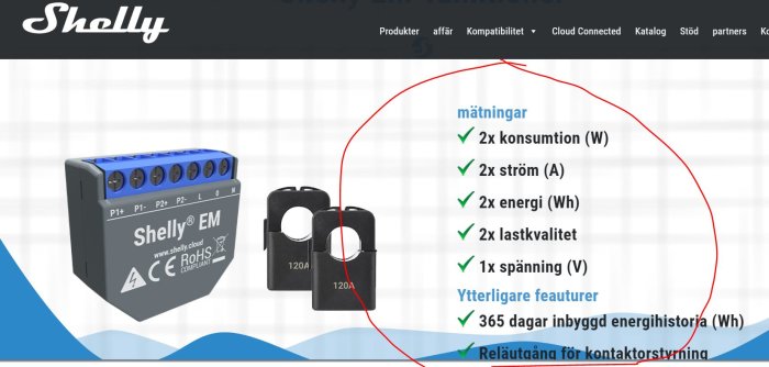 En Shelly EM energimätare och två strömtänger bredvid en lista på funktioner som förbruknings- och spänningsmätning.