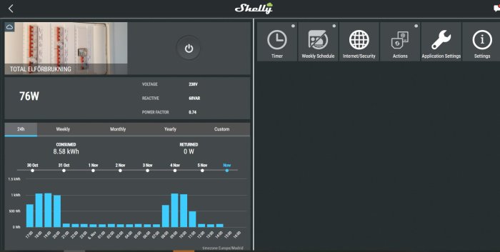 Skärmbild av Shelly appen som visar total elförbrukning på 76W och konsumtion på 8.58 kWh.