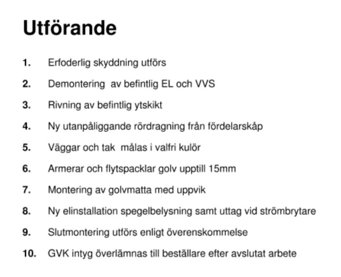 Screen capture av en lista med byggprojektssteg under rubriken "Utförande".