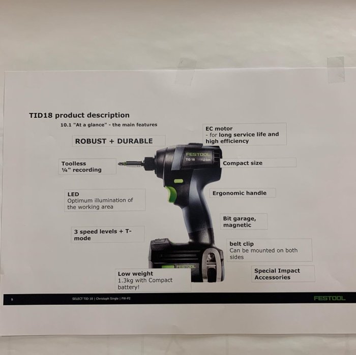 Produktblad för en Festool TID18 sladdlös borr med beskrivning av funktioner som robusthet, LED-belysning och kompakt storlek.