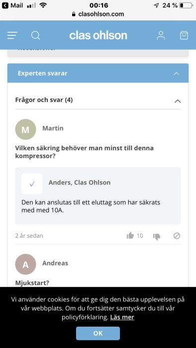 Skärmdump från Clas Ohlsons webbplats visar en kundfråga och svar om säkringskrav för kompressor.