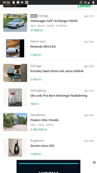 Skärmdump från onlinemarknad som visar olika annonser med objekt och priser i Skåne.