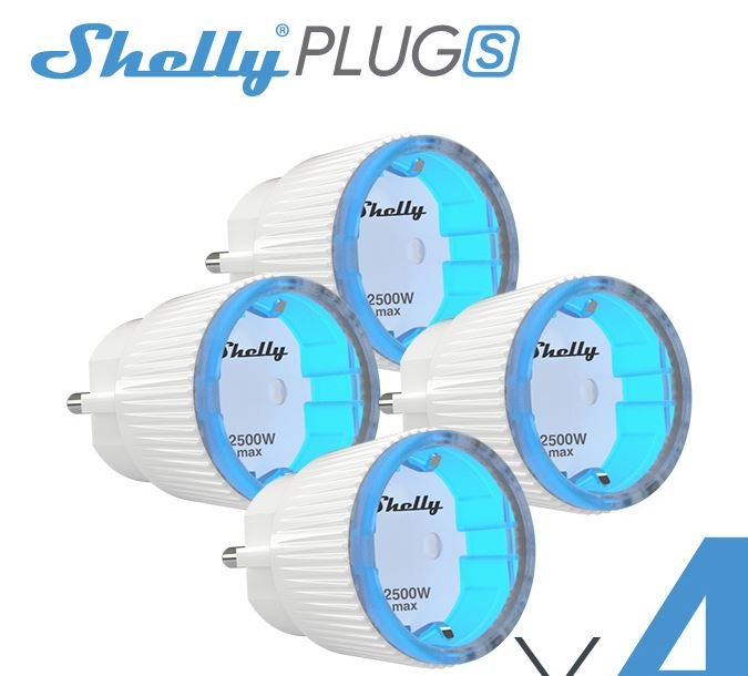 Fyra smarta Shelly Plug S energiövervakningspluggar för eluttag.