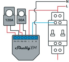 Diagram som visar anslutningen av Shelly EM energimätare med strömtransformatorer och ledningar.