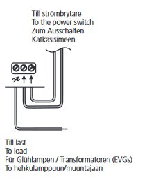 Schematisk illustration av anslutningar för en elektrisk dimmer med text på fyra språk.