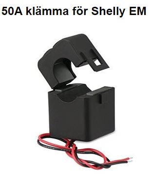 En 50A klämma för Shelly EM med röda och svarta sladdar, isolerad mot en vit bakgrund.
