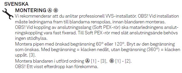 Skärmdump av monteringsinstruktioner för en VVS-installation på svenska med viktig information markerad.