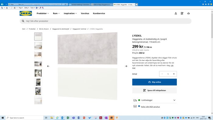 IKEA-produktsida för LYSEKIL väggplatta, ljusgrå betongmönstrad, med exempelbilder och prissättning.