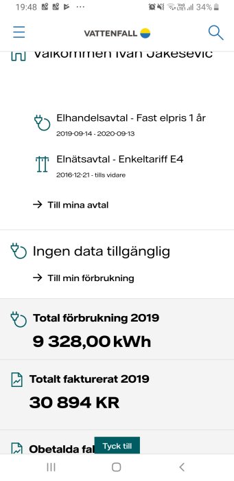 Skärmdump från Vattenfalls mobilapp som visar elavtal och årsförbrukning på 9 328 kWh med en kostnad på 30 894 kr.