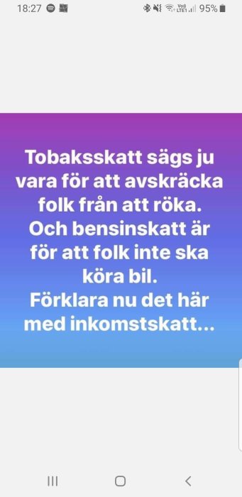 Skärmavbild med text om tobaksskatt, bensinskatt och inkomstskatt för att framföra en poäng.