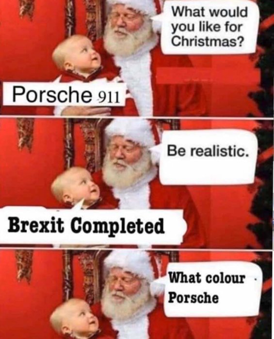 Tecknad serie i fyra paneler med bebis och jultomten som vitsar om julönskningar, Porsche 911 och Brexit.
