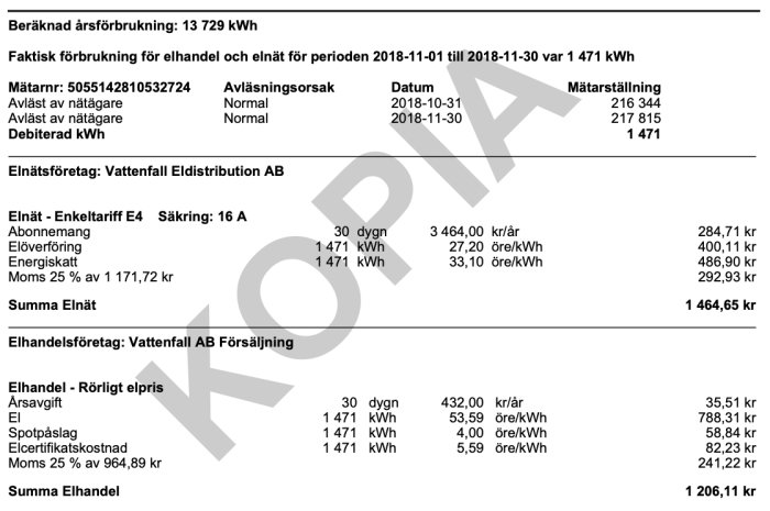 Elräkning med fördelning av kostnader inklusive kWh-förbrukning och elhandel från Vattenfall.