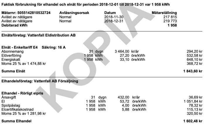 Elräkning som visar detaljerad förbrukning och kostnad för el under perioden december 2018.