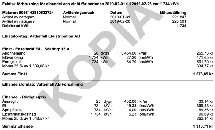 Elräkning med specificerad förbrukning på 1734 kWh och kostnader för elnät och elhandel.