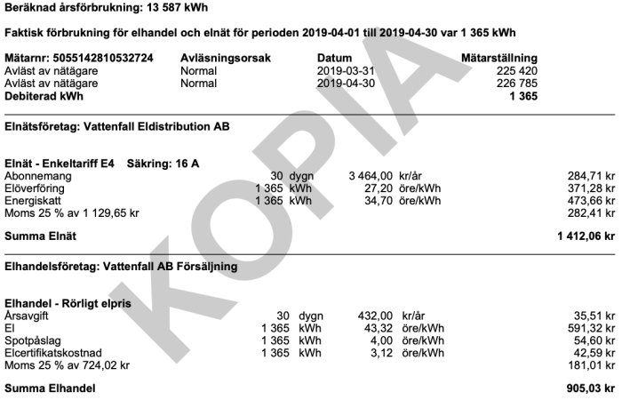 Elräkning med specificerade kostnader för elhandel och elnät, inkluderar kWh-priser och totalsumma.