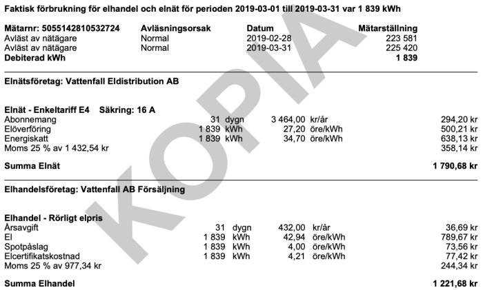 Faktura för elhandel och elnät med specifikation av förbrukning, priser och total kostnad.