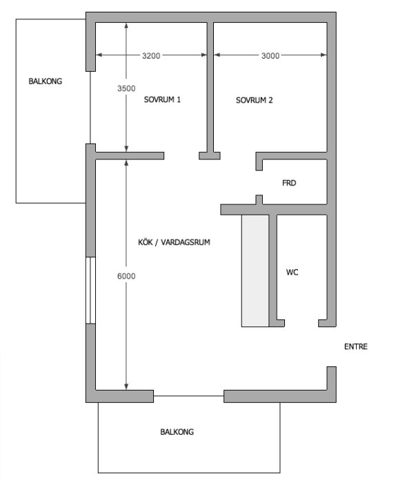 Planskiss över en lägenhet med två sovrum, kök/vardagsrum, WC, entré och dubbla balkonger.