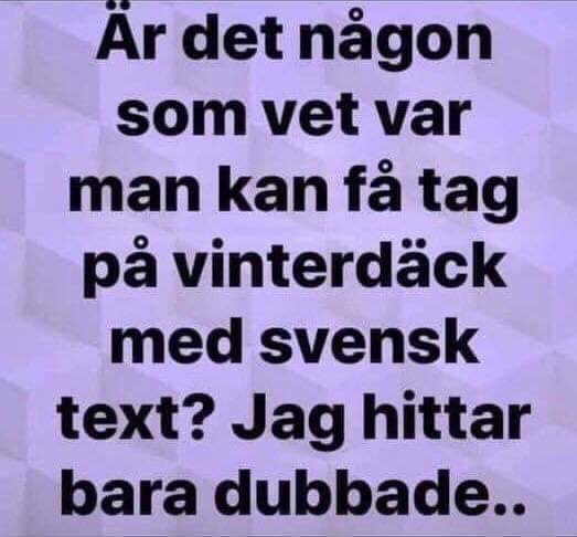 Text skämtar om att söka vinterdäck med svensk text men finner endast dubbdäck.