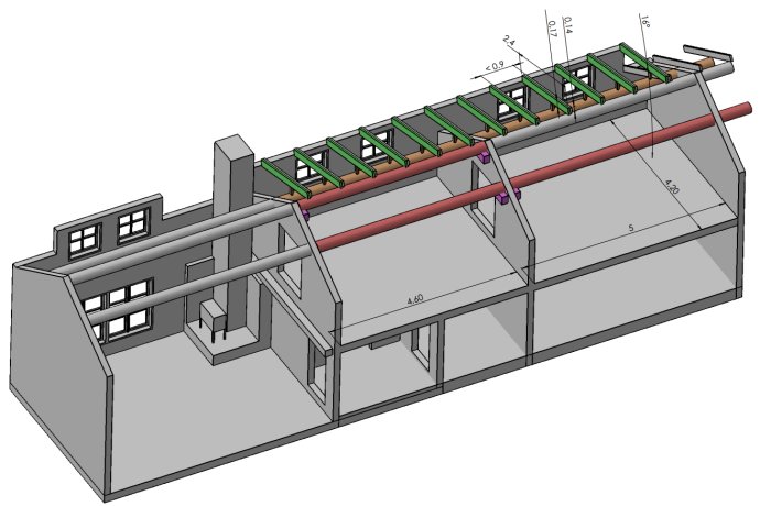 Illustration av ett gammalt timmerhus i renovering med konstruktionsdetaljer av takbjälkar och stöttor.